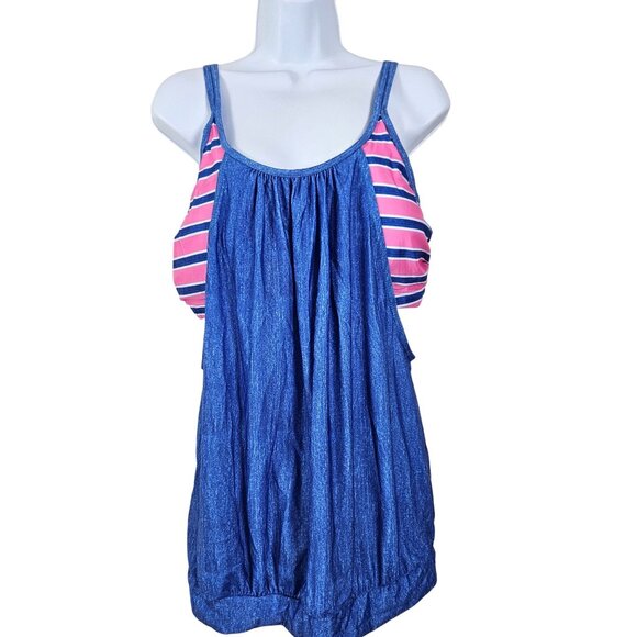 Womens Blue/Pink Tankini Swimsuit With Striped Bikini Bottoms XXL Swimwear Beach - Picture 4 of 13